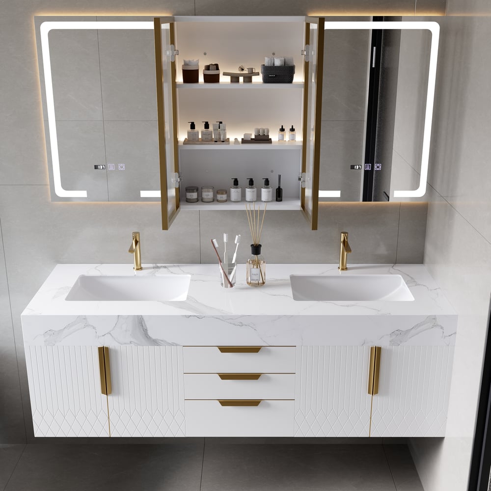 59" Double Sink Floating Vanity Set with LED Medicine Cabinet with Storage