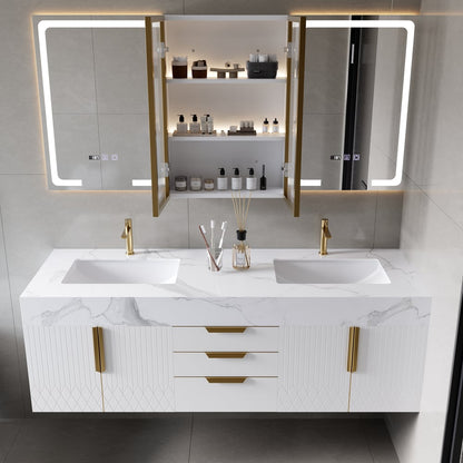 59" Double Sink Floating Vanity Set with LED Medicine Cabinet with Storage