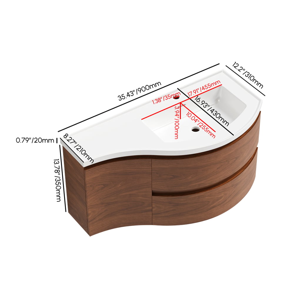 35" Floating Single Curved Bathroom Vanity with Sink & Storage