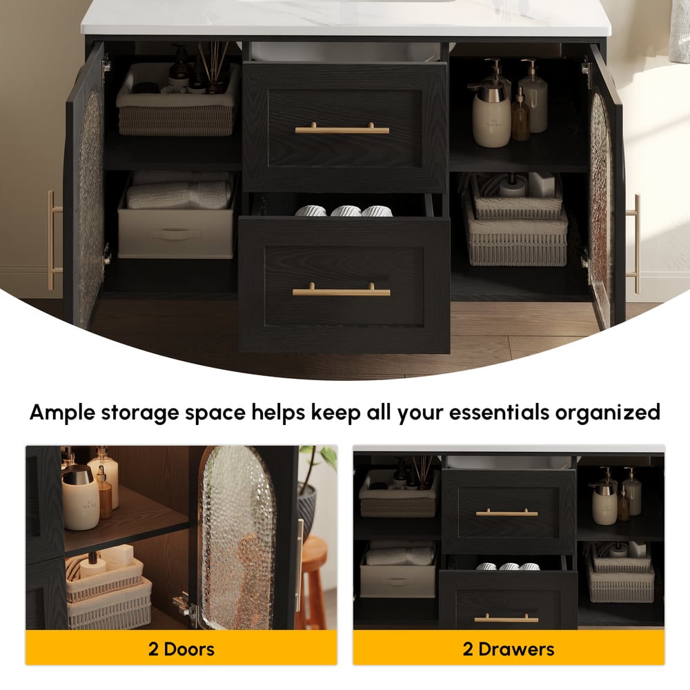 42" Arune Black Bathroom Vanity with Arched Glass Doors, Drawers and Light