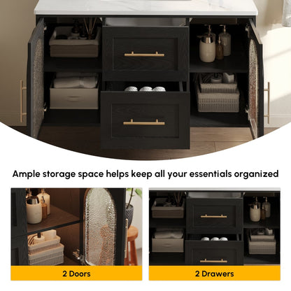 42" Arune Black Bathroom Vanity with Arched Glass Doors, Drawers and Light