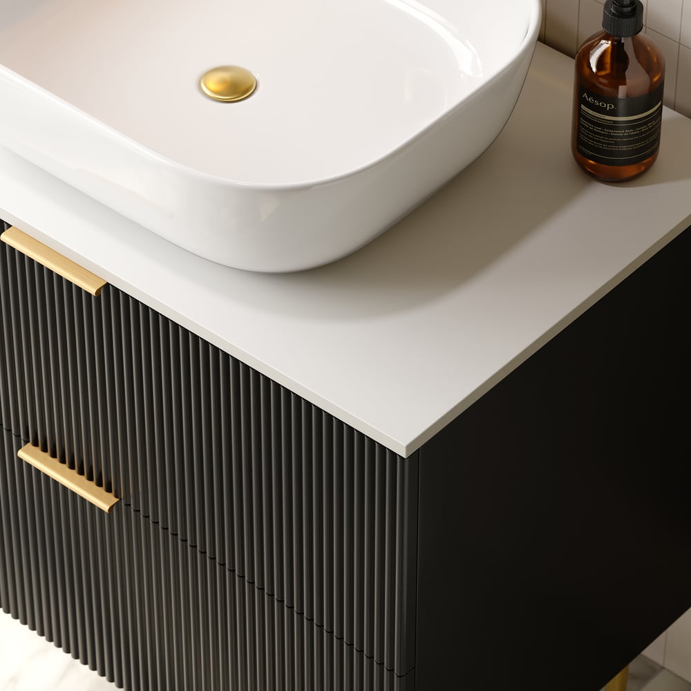 31.5'' Black Single Fluted Bathroom Vanity with Vessel Sink and 2 Drawers