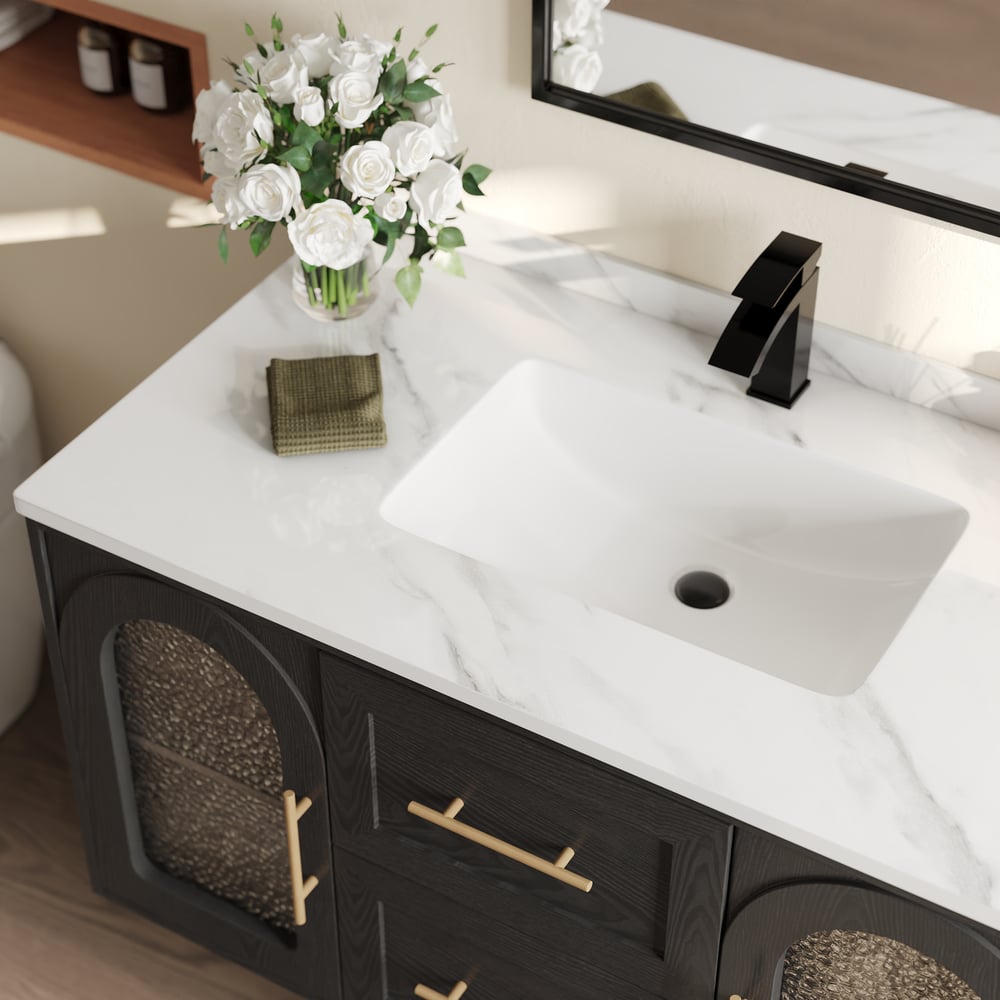 42" Arune Black Bathroom Vanity with Arched Glass Doors, Drawers and Light