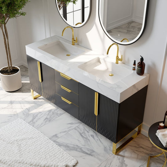 Aro 59" Freestanding Double Bathroom Vanity with Sink, Sintered Stone Top