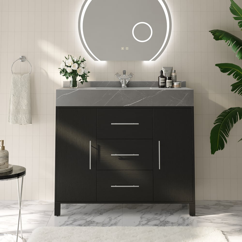 39.4" Freestanding Black Bathroom Vanity, Sintered Stone Countertop & Silver Handles