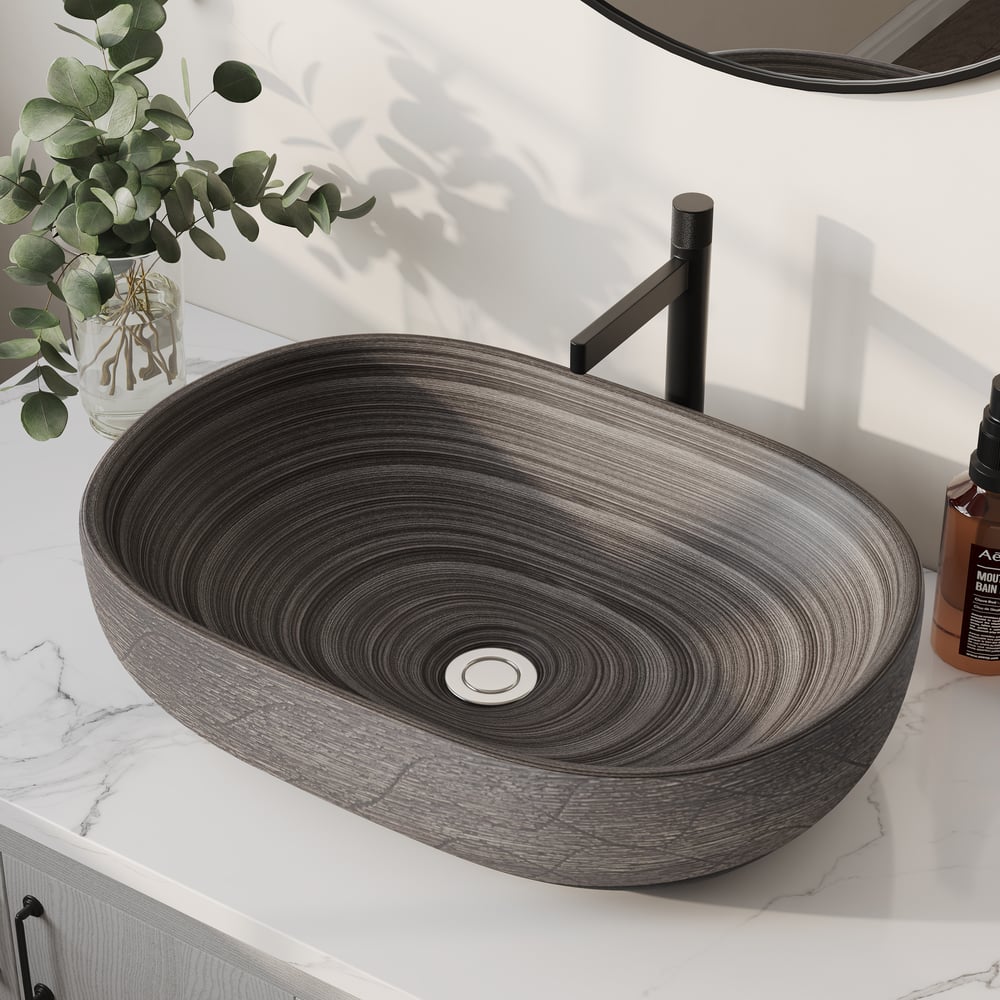 23" Grey Oval Ceramic Bathroom Sink – Matte Glazed Vessel Sink