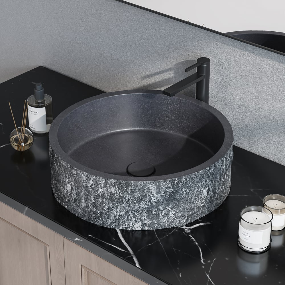 16'' Black Concrete Vessel Sink Modern Stone Textured Round Bathroom Sink