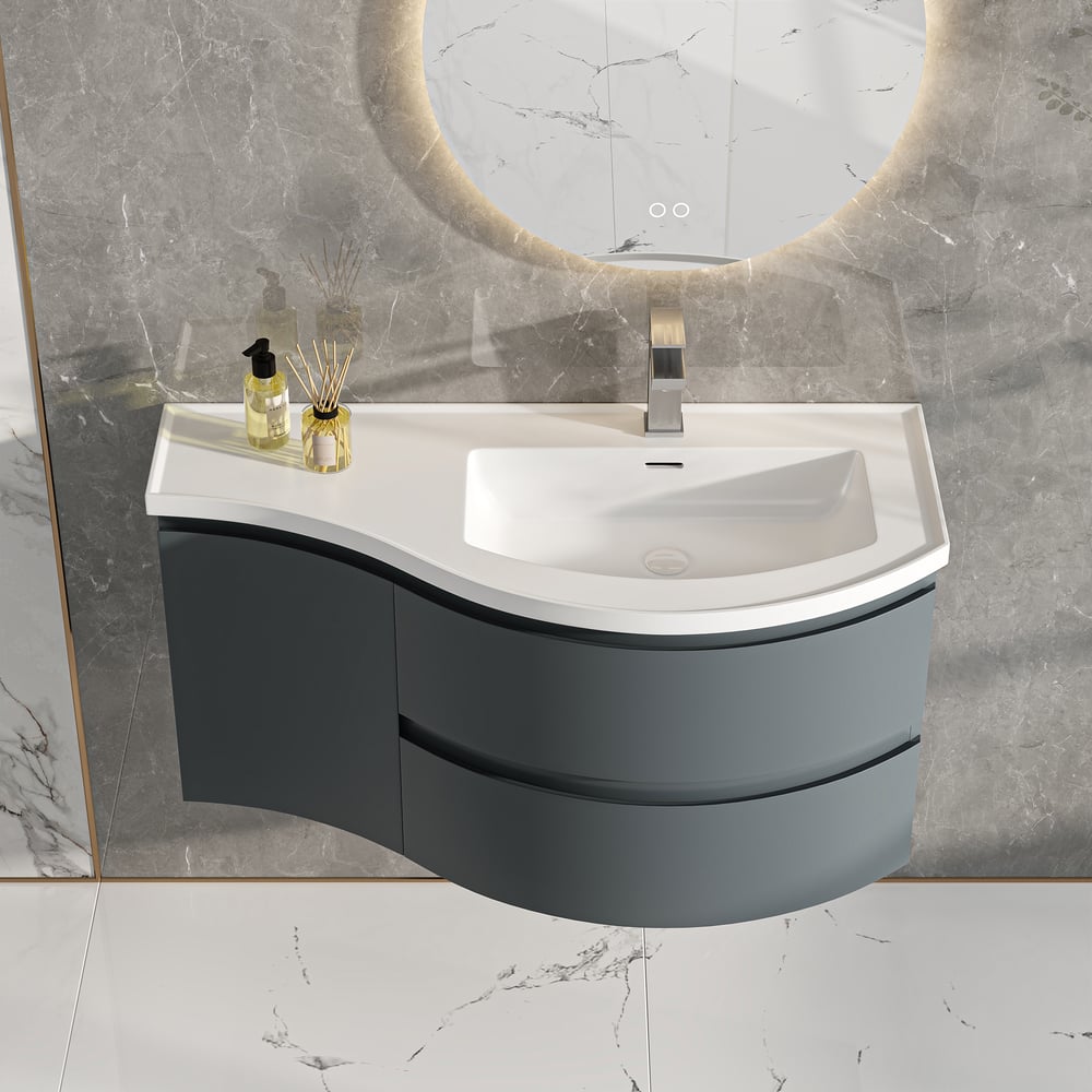 35" Floating Single Curved Bathroom Vanity with Sink & Storage