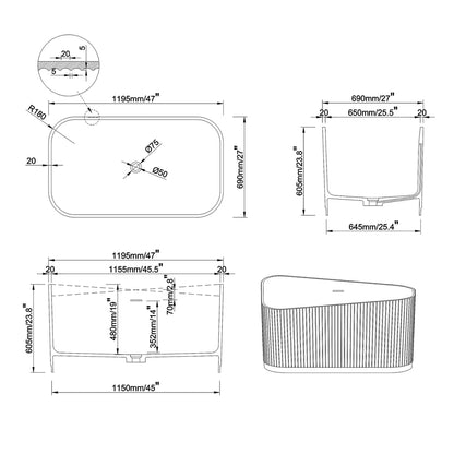 47" Modern Novelty Freestanding Stone Resin Soaking Bathtub White 95.1-Gallon Capacity