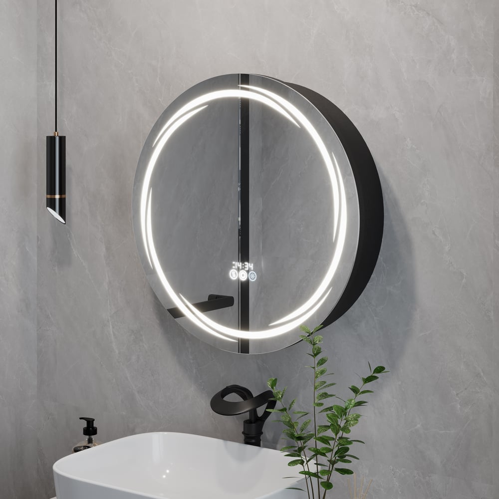 Floating Curved Bathroom Vanity in Black & Round LED Medicine Cabinet Set Right Offset