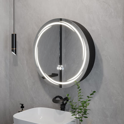 Floating Curved Bathroom Vanity in Black & Round LED Medicine Cabinet Set Right Offset
