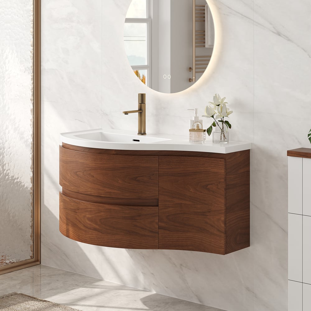 35" Floating Single Curved Bathroom Vanity with Sink & Storage