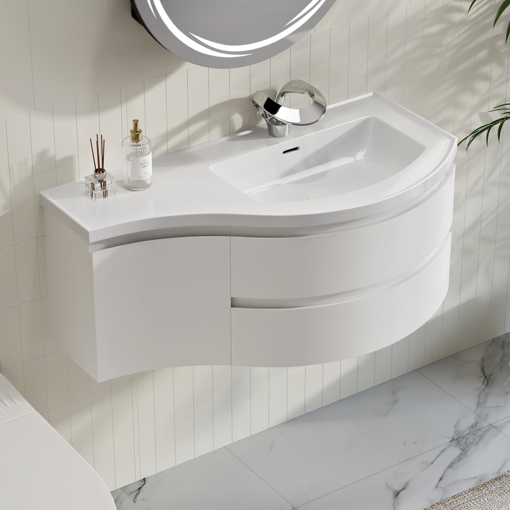 Floating Curved Bathroom Vanity in White & Round LED Medicine Cabinet Set Right Offset