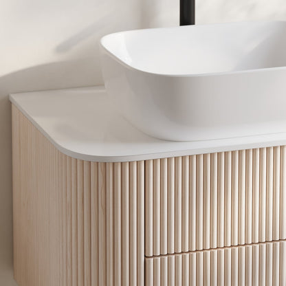 31.5" Whitewash Fluted Bathroom Vanity with Vessel Sink – Wall-Mounted Floating Design