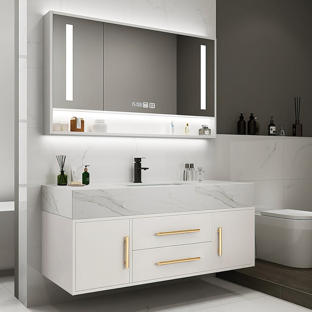 Modern 39" White Floating Single Bathroom Vanity with Sintered Stone Top and Sink