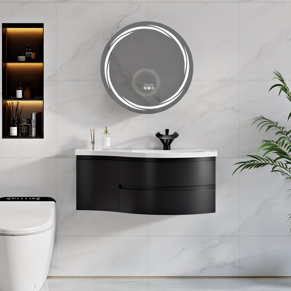 35" Floating Single Curved Bathroom Vanity with Sink & Storage