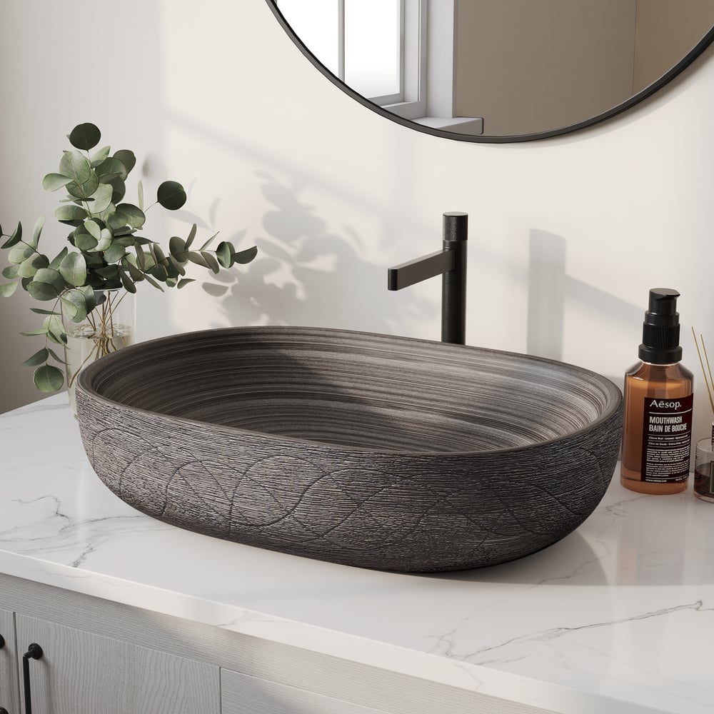 23" Grey Oval Ceramic Bathroom Sink – Matte Glazed Vessel Sink