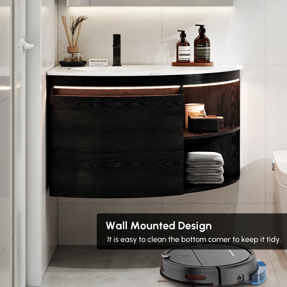 Modern 36" Corner Floating Single Bathroom Vanity with Sink, LED Light, Storage