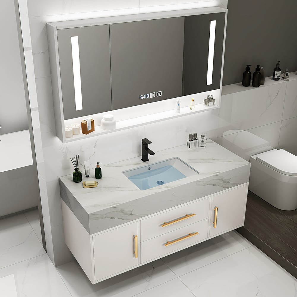 Modern 39" White Floating Single Bathroom Vanity with Sintered Stone Top and Sink