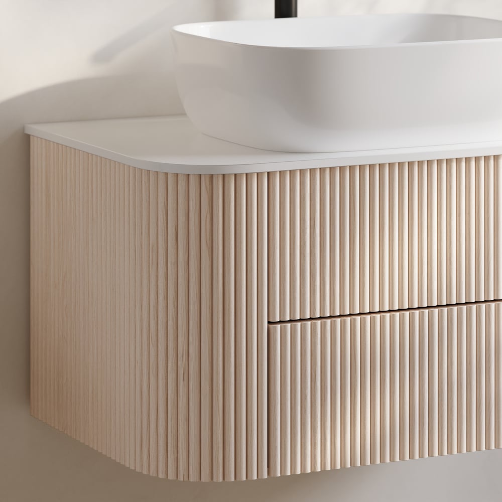 31.5" Whitewash Fluted Bathroom Vanity with Vessel Sink – Wall-Mounted Floating Design