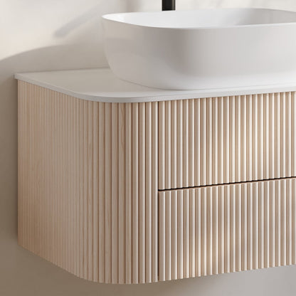 31.5" Whitewash Fluted Bathroom Vanity with Vessel Sink – Wall-Mounted Floating Design
