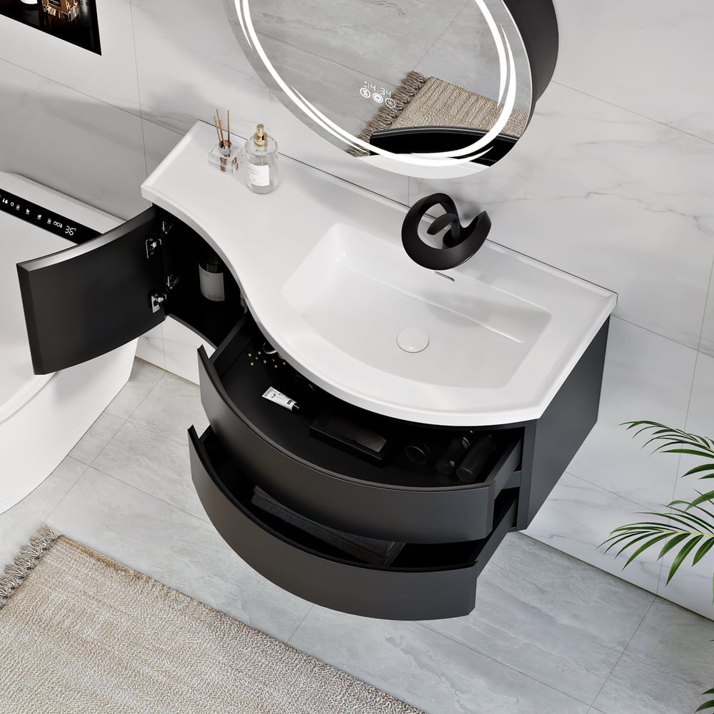 35" Floating Single Curved Bathroom Vanity with Sink & Storage