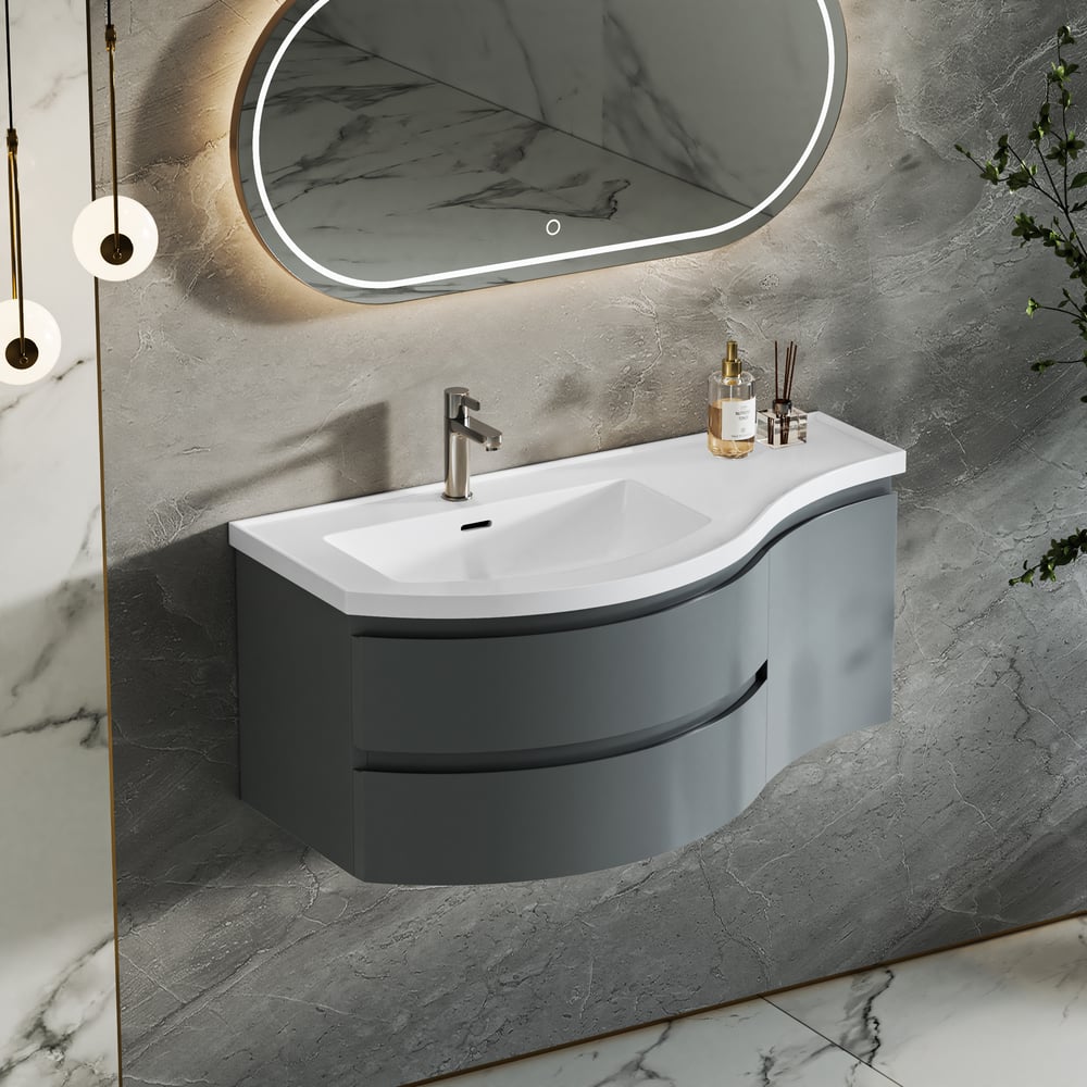 35" Floating Single Curved Bathroom Vanity with Sink & Storage