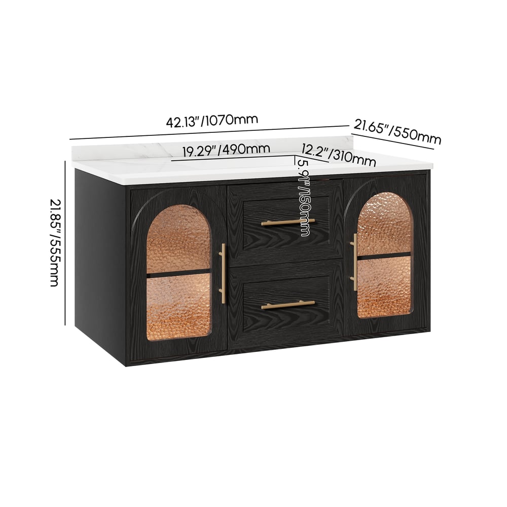 42" Arune Black Bathroom Vanity with Arched Glass Doors, Drawers and Light