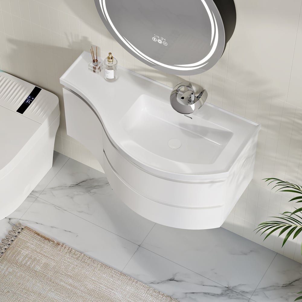 35" Floating Single Curved Bathroom Vanity with Sink & Storage