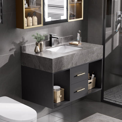 Modern 35.4" Floating Single Bathroom Vanity with Sink, Sintered Stone Top