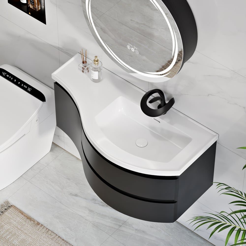 35" Floating Single Curved Bathroom Vanity with Sink & Storage