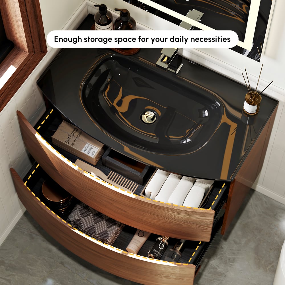 Modern 31.5" Floating Bathroom Vanity with One-piece Glass Basin 2 Drawers in Walnut