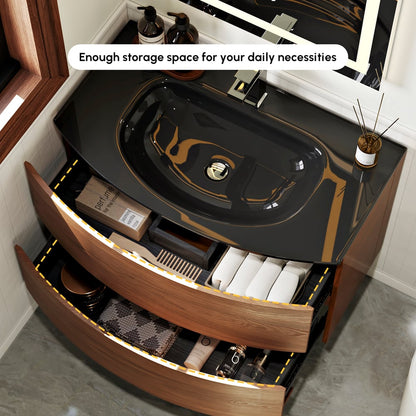 Modern 31.5" Floating Bathroom Vanity with One-piece Glass Basin 2 Drawers in Walnut