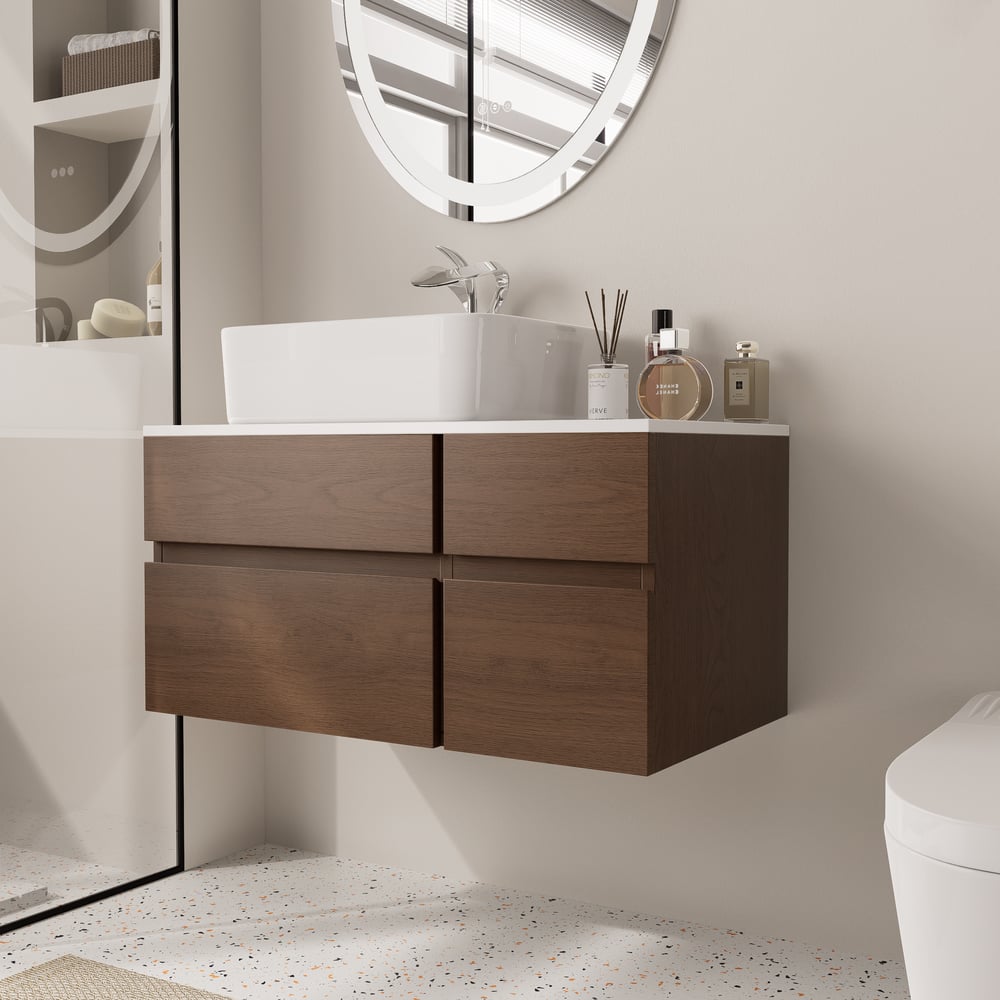 Modern 31.5" Floating Single Bathroom Vanity with Stone Resin Top, Ceramic Basin