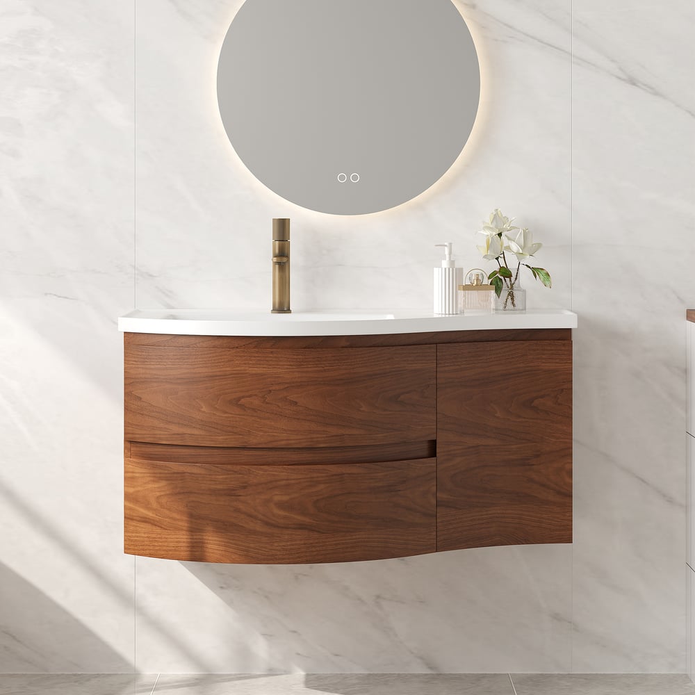 35" Floating Single Curved Bathroom Vanity with Sink & Storage