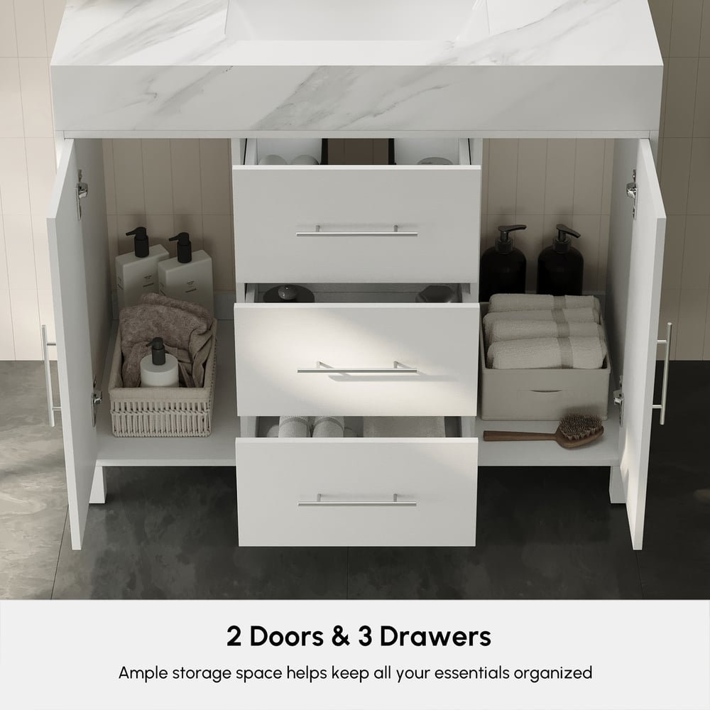 39.4" Freestanding White Bathroom Vanity, Sintered Stone Countertop & Silver Handles