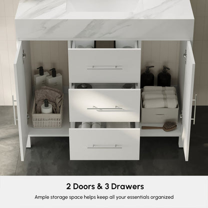 39.4" Freestanding White Bathroom Vanity, Sintered Stone Countertop & Silver Handles
