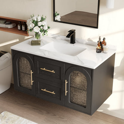 42" Arune Black Bathroom Vanity with Arched Glass Doors, Drawers and Light