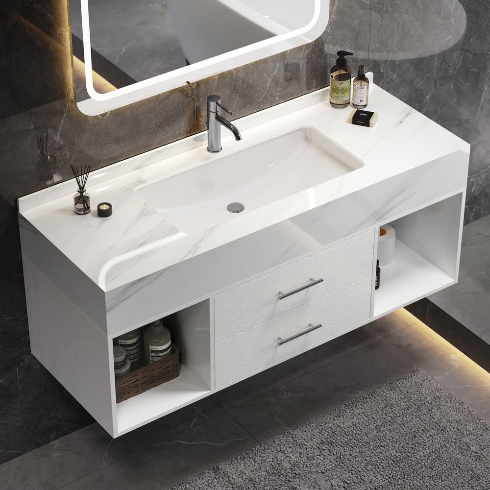 Modern 35.4" Floating Single Bathroom Vanity with Sink, Sintered Stone Top