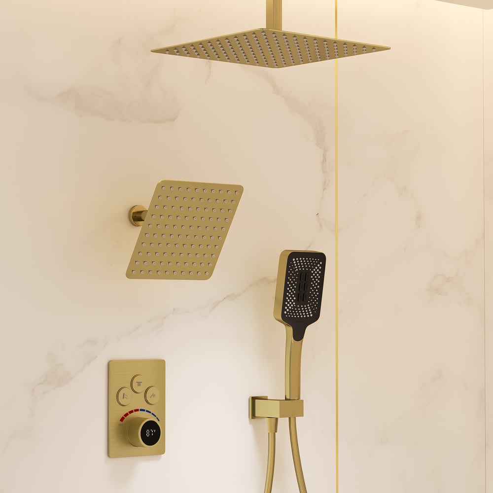 Dual Head Shower System – 12" Ceiling & 8" Wall Shower with Handheld, Solid Brass