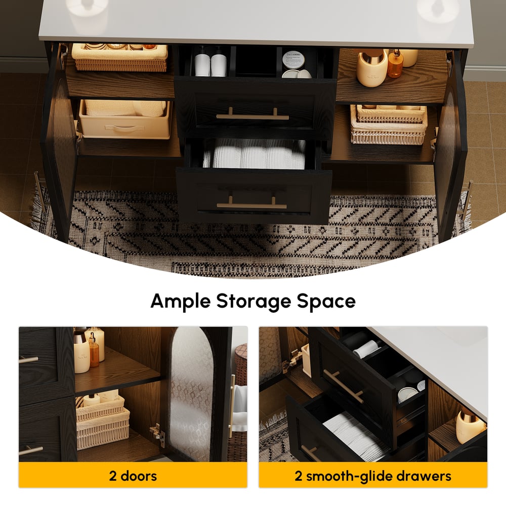 42" Arune Black Bathroom Vanity with Arched Glass Doors, Drawers and Light