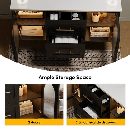 42" Arune Black Bathroom Vanity with Arched Glass Doors, Drawers and Light