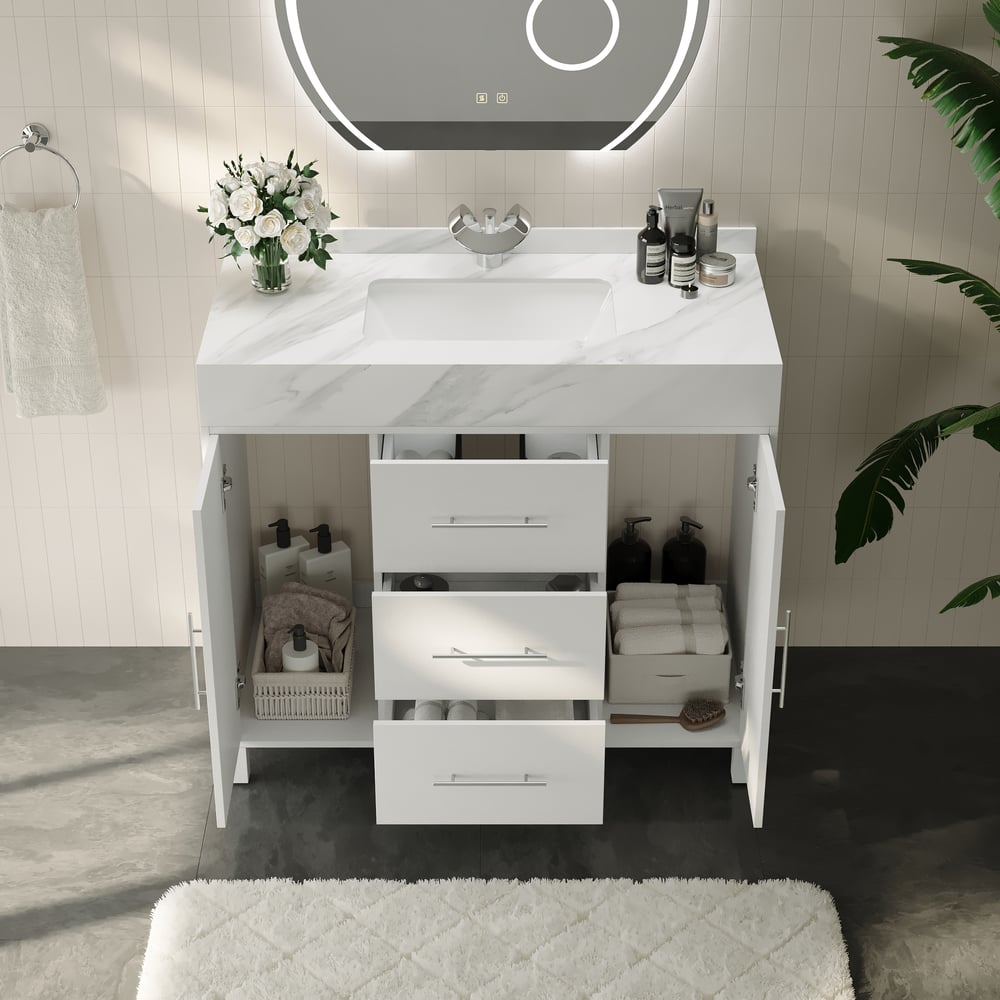 39.4" Freestanding White Bathroom Vanity, Sintered Stone Countertop & Silver Handles