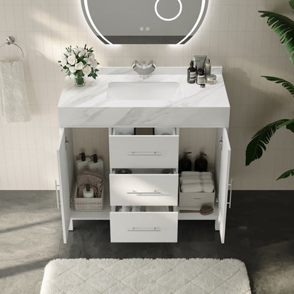 39.4" Freestanding White Bathroom Vanity, Sintered Stone Countertop & Silver Handles