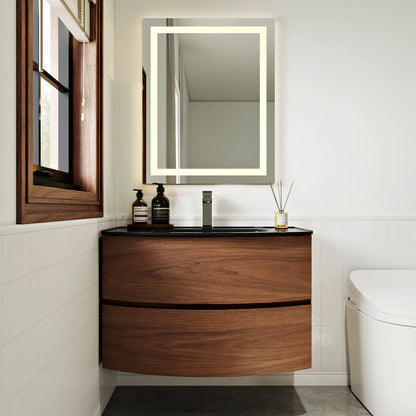 Modern 31.5" Floating Bathroom Vanity with One-piece Glass Basin 2 Drawers in Walnut