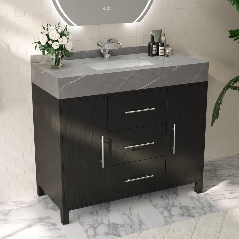 39.4" Freestanding Black Bathroom Vanity, Sintered Stone Countertop & Silver Handles