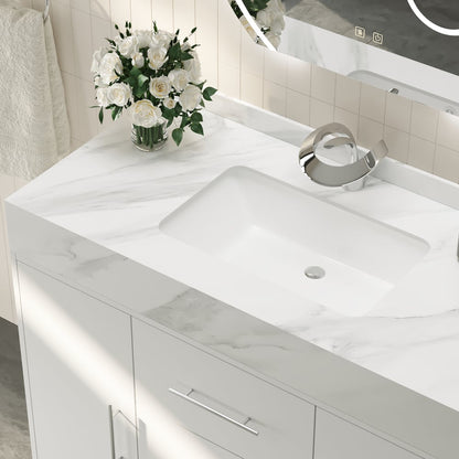 39.4" Freestanding White Bathroom Vanity, Sintered Stone Countertop & Silver Handles