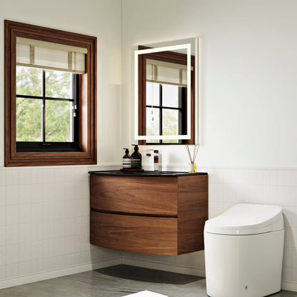 Modern 31.5" Floating Bathroom Vanity with One-piece Glass Basin 2 Drawers in Walnut