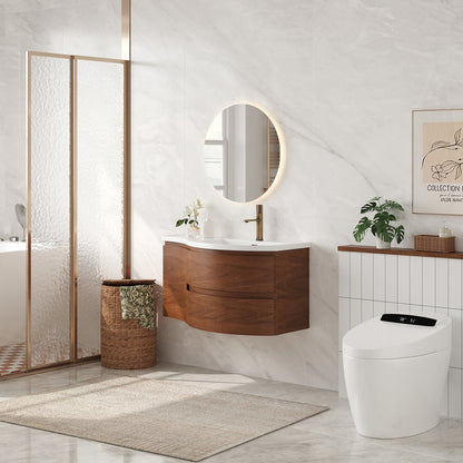 35" Floating Single Curved Bathroom Vanity with Sink & Storage