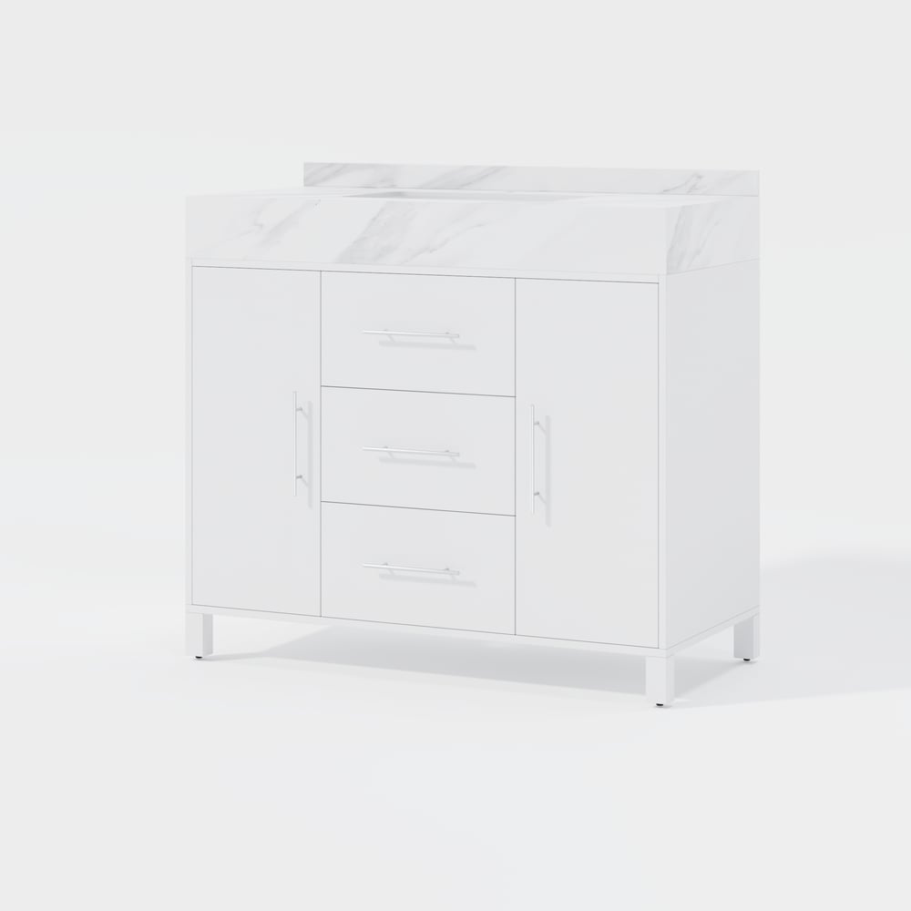 39.4" Freestanding White Bathroom Vanity, Sintered Stone Countertop & Silver Handles
